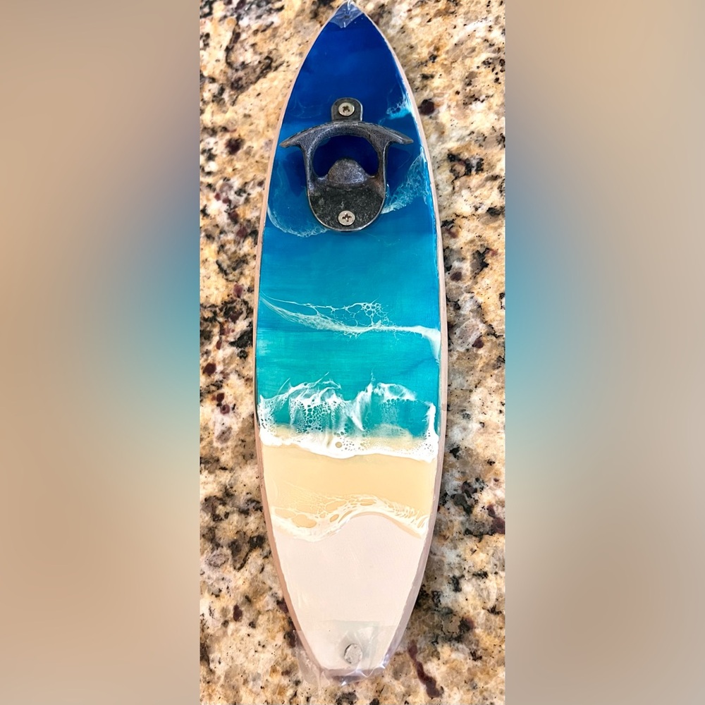 NWT Handmade Resin Ocean Surfboard Wall Bottle Opener Coastal Decor